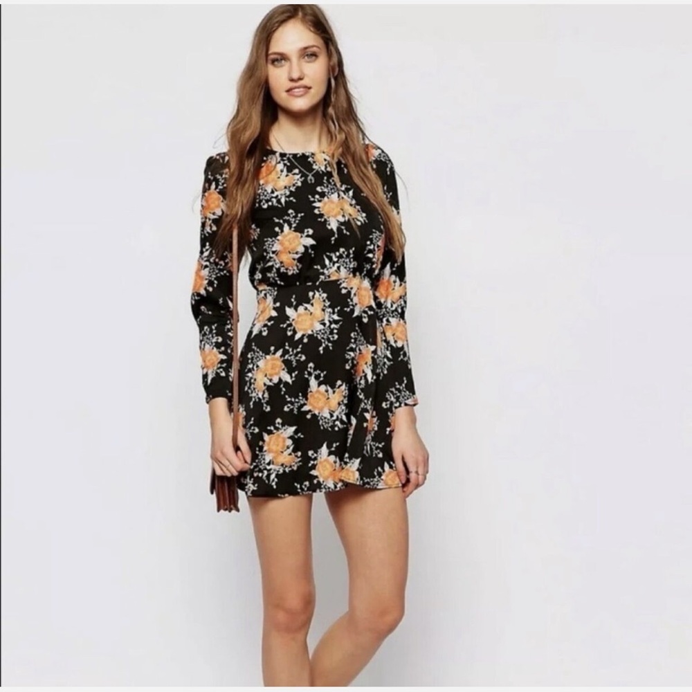 Free People- Parker Dress, black/orange/silver floral long size 4 - Picture 3 of 10